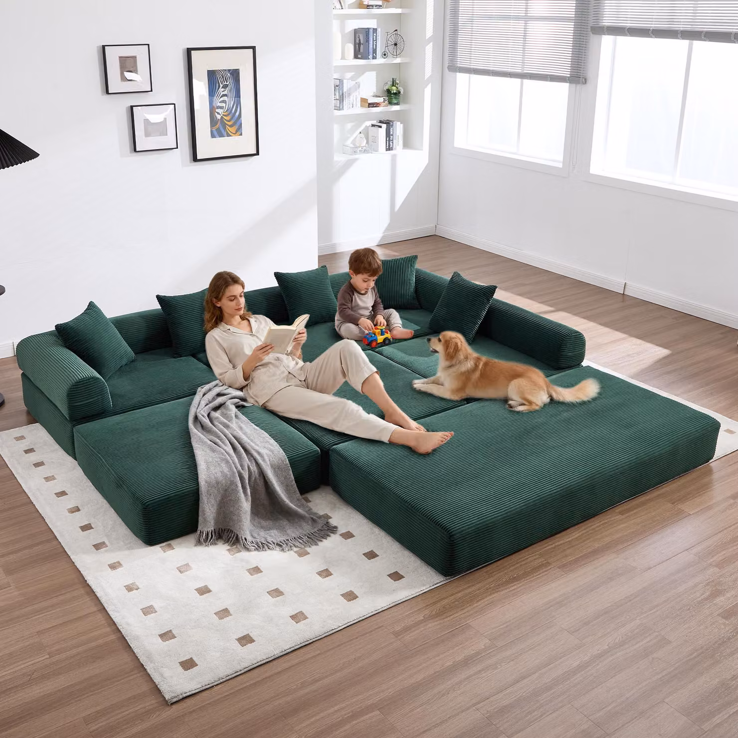 LVHOM Divano letto modulare in tessuto a coste, divano imbottito pieghevole 7 in 1, letto da giorno senza montaggio, divano da terra con tasche laterali, Emerald
