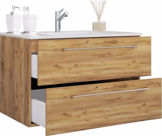 Completo di Ezooza Set Bagno 2 Pezzi Mobile Extra Large con 2 cassetti e Lavabo sospesi, Rovere miele ,