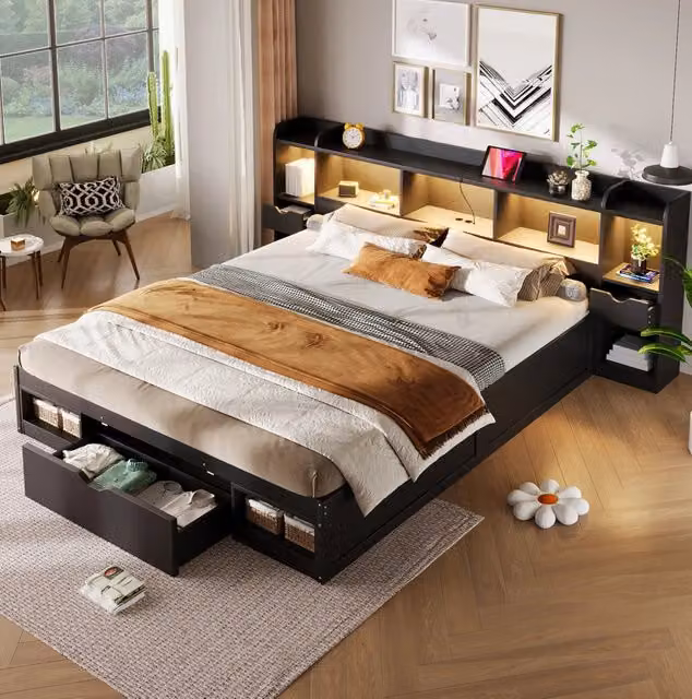 Letto a piattaforma 180 x 200 cm nero con vani portaoggetti, cassetti e LED