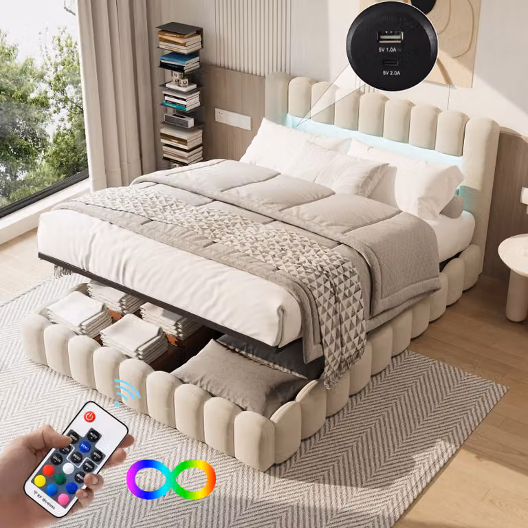 Letto imbottito UnboxG 140x200cm, letto matrimoniale idraulico con vano contenitore e rete a doghe, testata a LED con vano contenitore e funzione di ricarica USB, letto a molle insacchettate letto funzionale letto contenitore, lino, beige