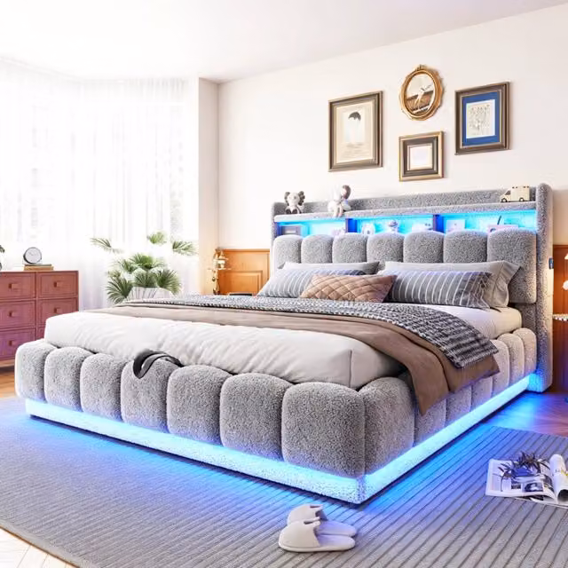 Letto Matrimoniale Contenitore 180x200 Imbottito Grigio con LED e USB