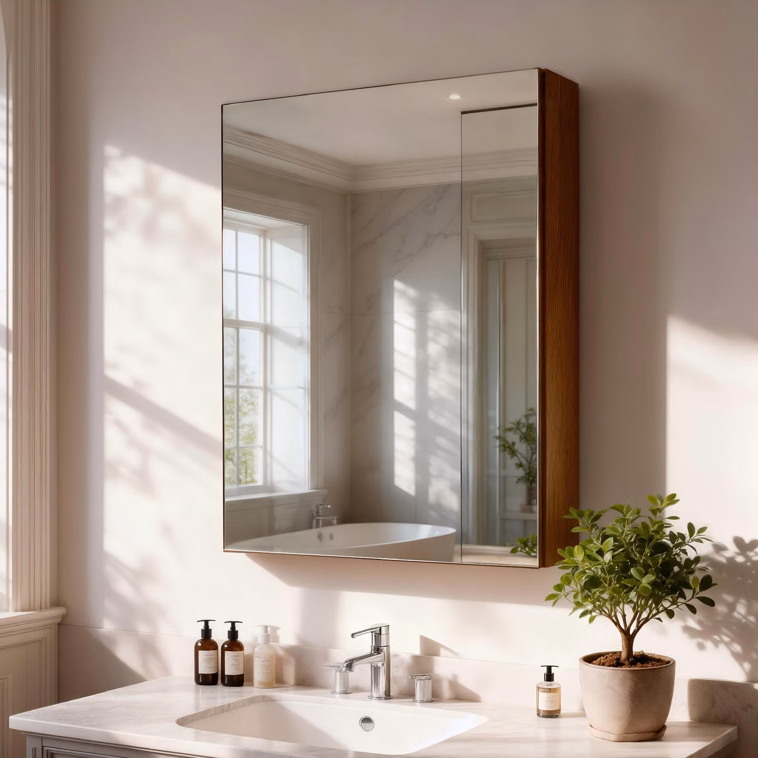 Mobile sospeso per bagno WISFOR, 60 x 80 cm, ampio armadio da bagno con specchio, contenitore per medicinali, salvaspazio, cerniere con sistema di chiusura ammortizzata