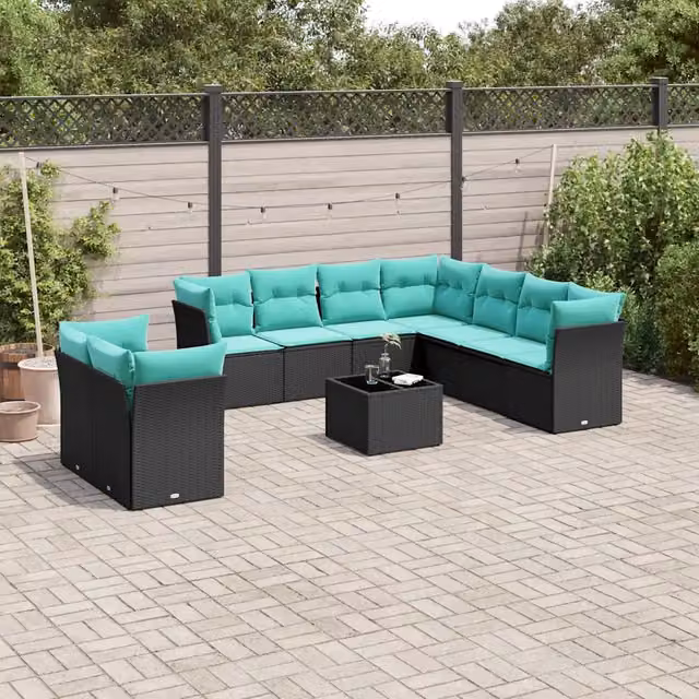 Set Divani da Giardino 10 pz con Cuscini Nero in Polyrattan 3217847