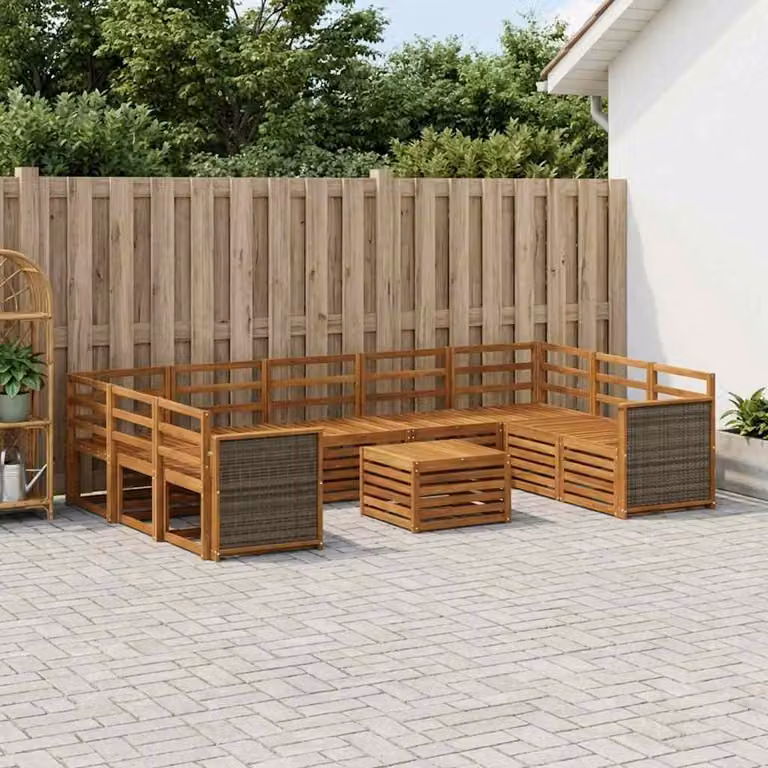 Set di divani da esterno vidaXL in legno di acacia marrone con tavolino e moduli ad angolo a forma di U per giardino e terrazza
