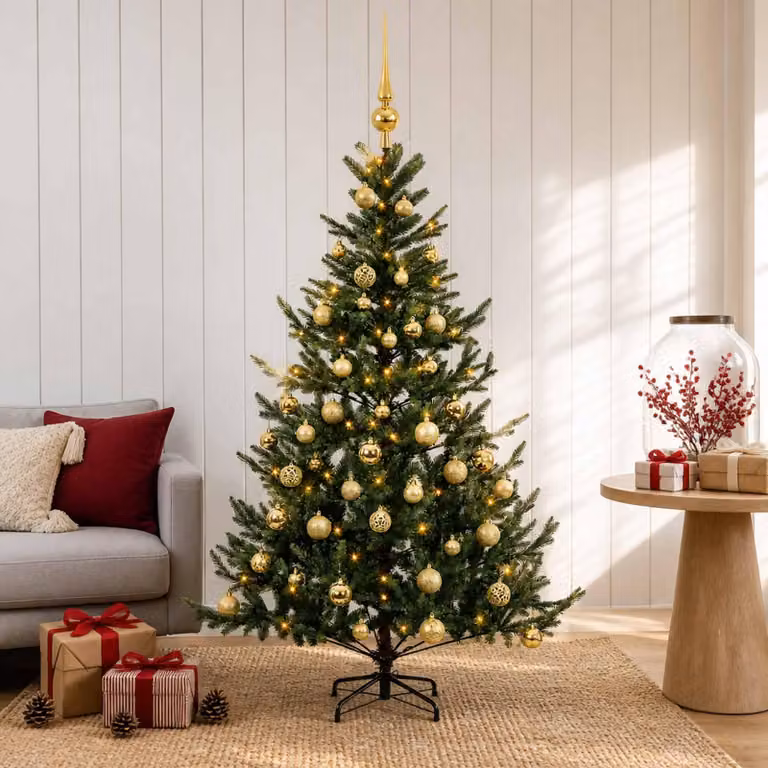 Albero di Natale artificiale con decorazioni natalizie, altezza 150 cm, 150 luci LED