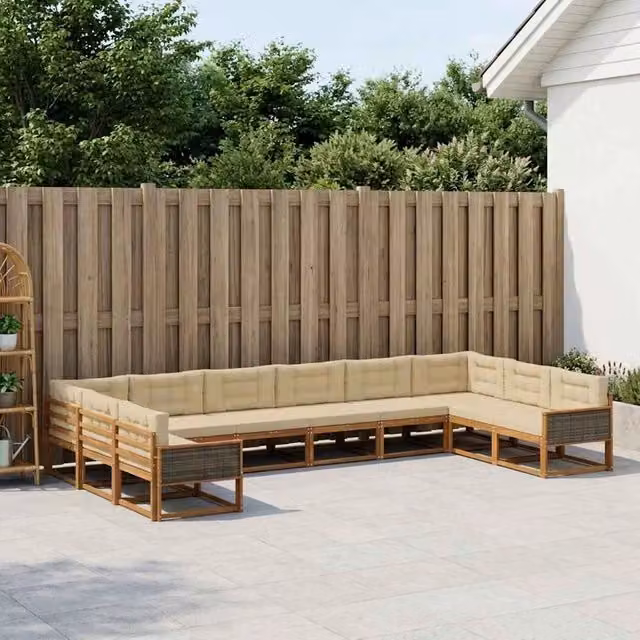 Set di divani da esterno vidaXL a forma di U in legno di acacia con cuscini beige e naturale – 1