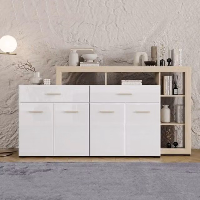 Madia DMORA Dovad con 2 cassetti, colore bianco e rovere, L: 189 cm, P: 42 cm, H: 100 cm