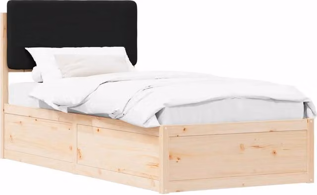 Letto singolo | Letto per adulti | Letto con Testiera Rivestita Nero 75 x 190 cm Pino massello