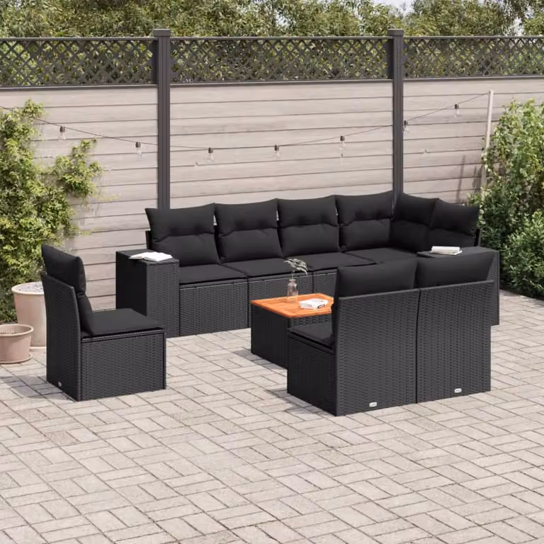 Set di divani da giardino vidaXL in polyrattan nero con cuscini, forma a U e tavolino da esterno