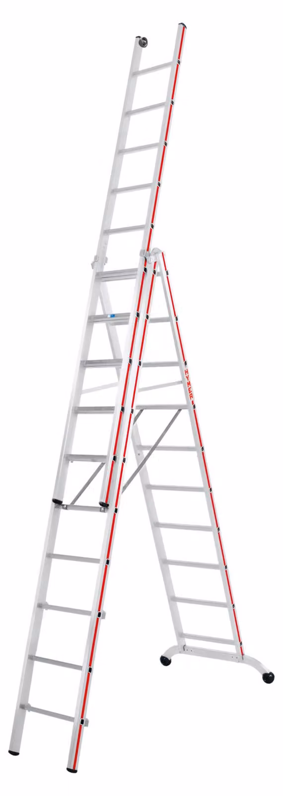 Scala multiuso Hymer con traversa curva e rotelle di scorrimento a muro, 3x10 pioli