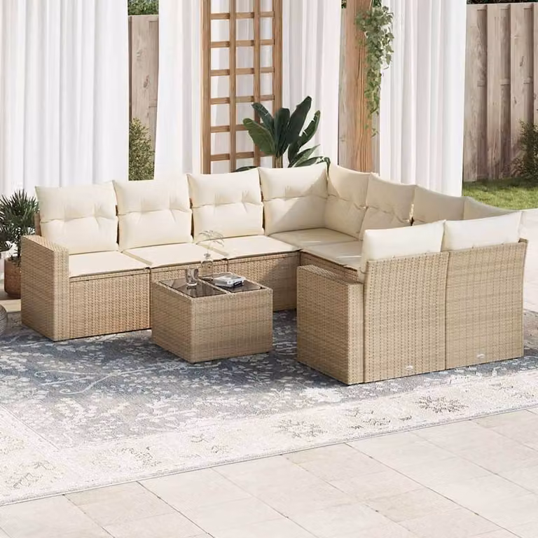 vidaXL Set Divano da Giardino a L in Polyrattan Beige con Cuscini e Tavolino