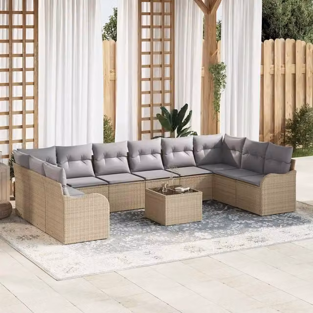 Set Divano da Giardino a U vidaXL Beige con Tavolino e Cuscini in Polyrattan e Metallo L/P/H: 55 x 55 x 37 cm – 1