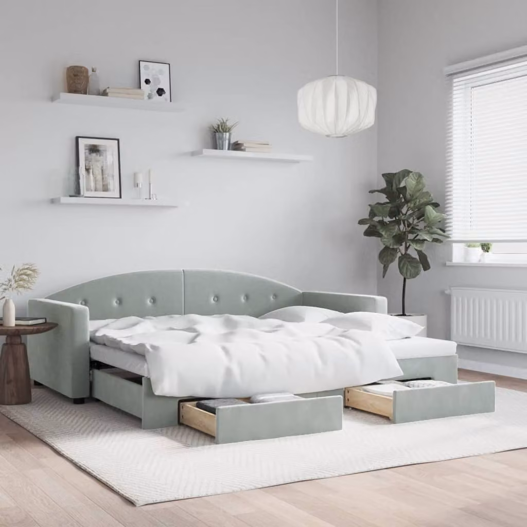 vidaXL Divano Letto Estraibile con Cassetti in Velluto Grigio L/P/H: 90 x 200 cm