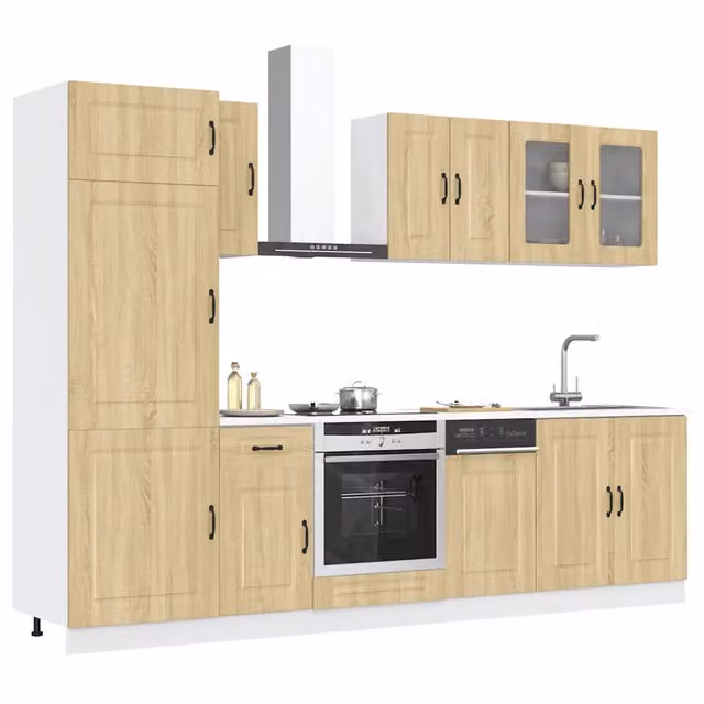 Set di mobili da cucina moderno vidaXL in legno e vetro, colore marrone e beige, con ante in vetro e ripiani interni, L/P/H: 246,0 x 60,0 x 81,5 cm