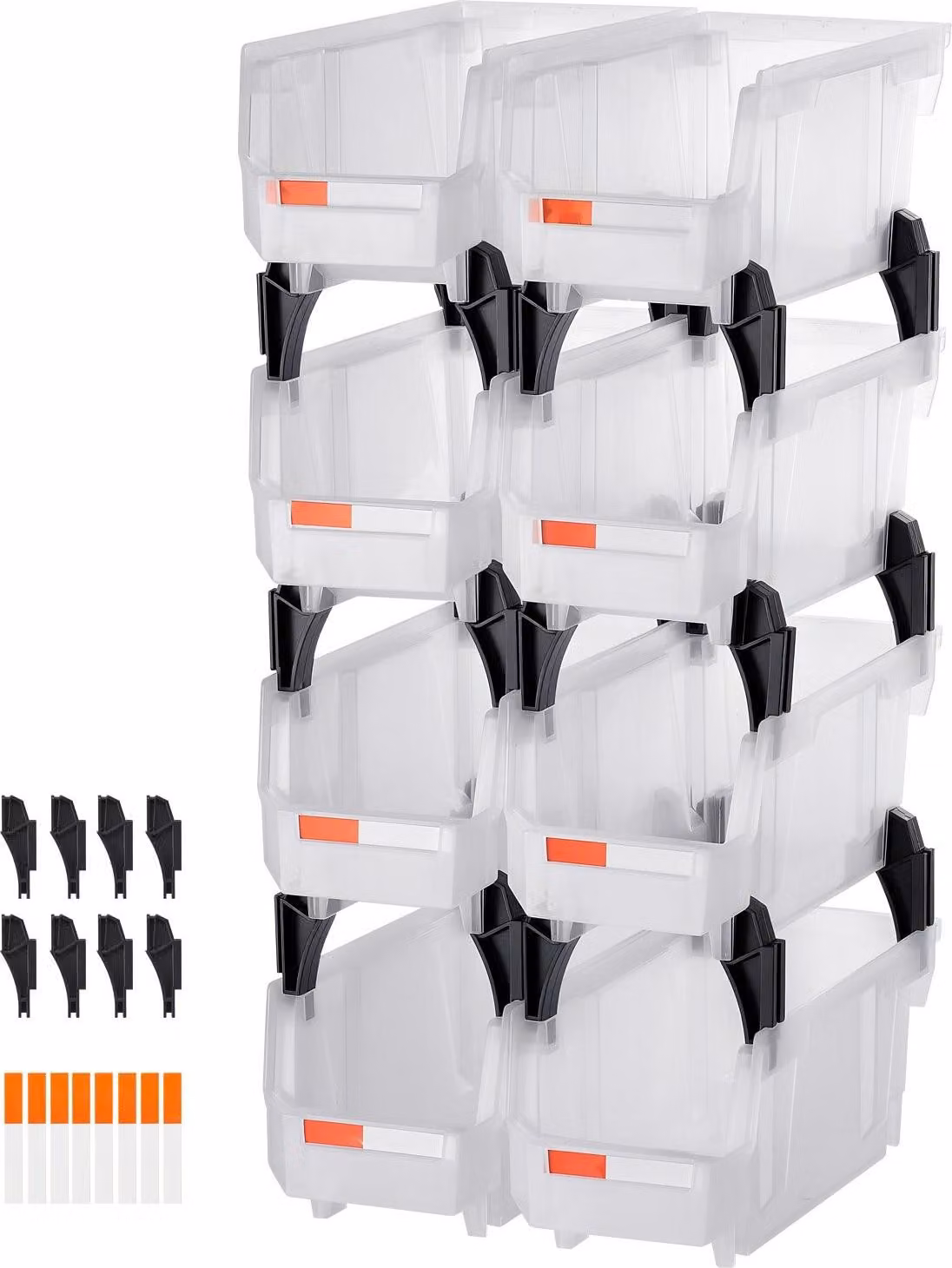 Contenitori a vista - Set di 8 contenitori impilabili - 27,6 x 14 x 13 cm - Frontale aperto - Plastica - Per piccoli oggetti, officina e ufficio - Trasparente