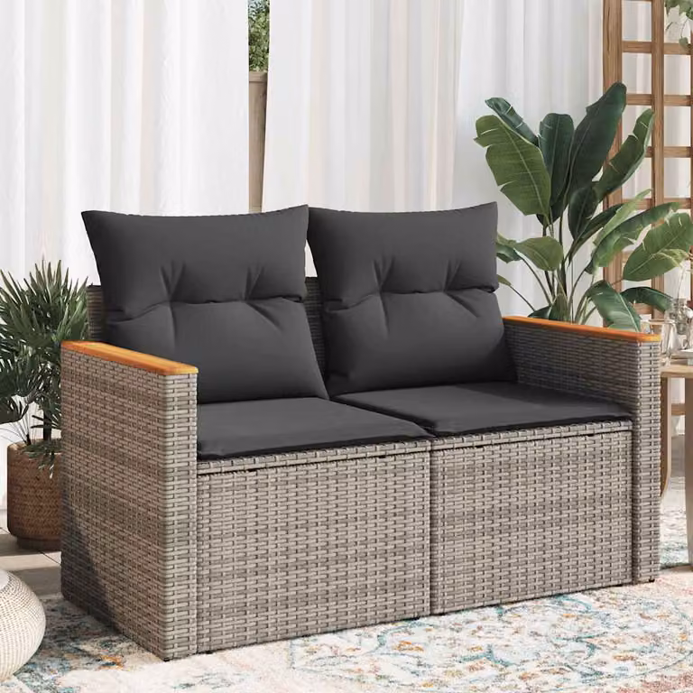 vidaXL Divano da Giardino a 2 Posti in Polyrattan Grigio con Cuscini Imbottiti e Rivestimenti Rimovibili