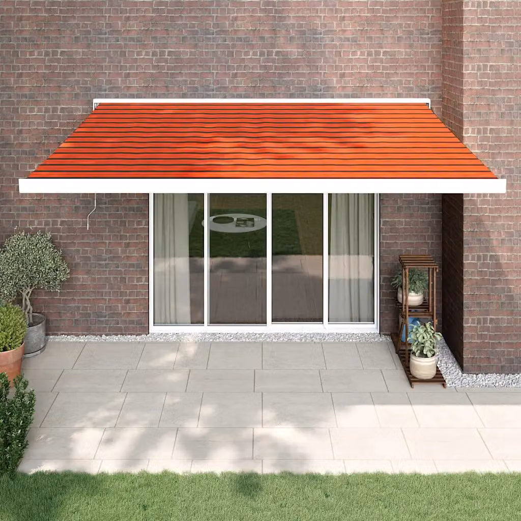 Tenda Retrattile vidaXL con Bracci Pieghevoli in Alluminio e Tessuto in Poliestere, Arancione, Marrone e Bianco, L: 450 cm x P: 300 cm