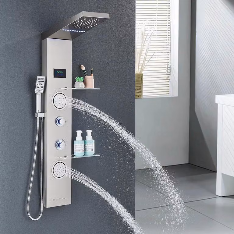 Pannello doccia 6001 - Doccia a pioggia con LED - Acciaio inossidabile 304 - Display digitale - Luce LED ad acqua - Doppia maniglia caldo/freddo - Con ripiano - Nichel spazzolato