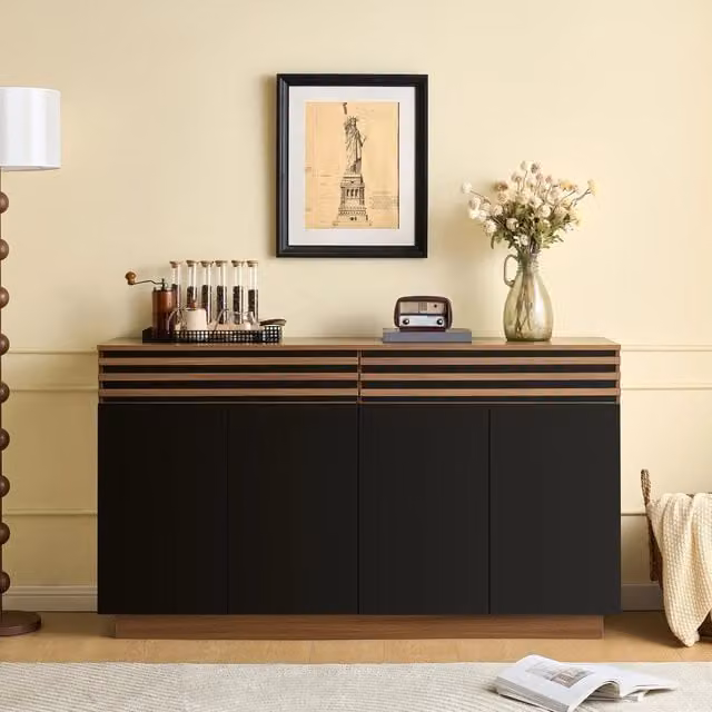 Credenza moderna 150 cm con 4 ante e 2 cassetti in MDF; madia marrone e nera per soggiorno e sala da pranzo