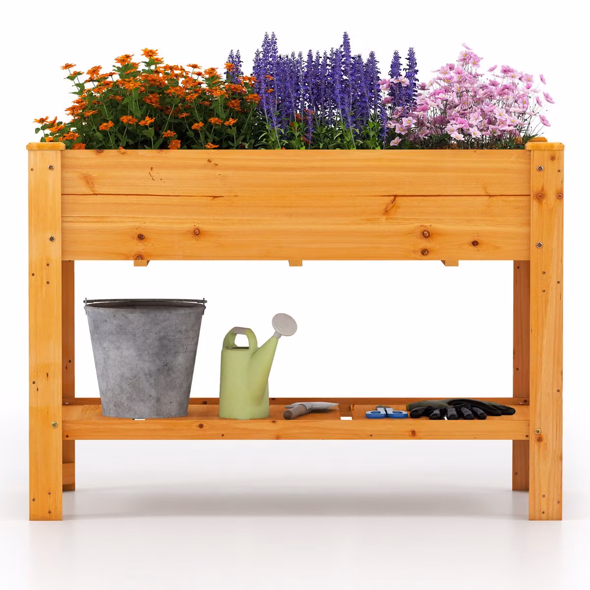 Aiuola da giardino rialzata in legno Costway con gambe e ripiano contenitore, Marrone, L: 120 cm, P: 60 cm, H: 80 cm