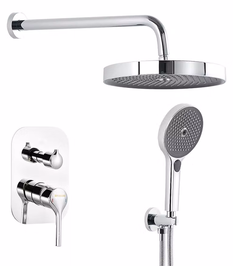 Set completo per soffione doccia da incasso, diametro 25 cm (10 pollici), modello rotondo, con soffione a pioggia e doccetta manuale, finitura cromata