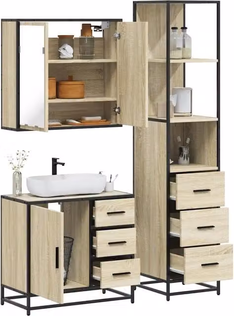 Set Mobili da Bagno Industrial vidaXL in Legno e Metallo Marrone, 3 Pezzi con Armadietto Specchio, Mobile Lavabo e Colonna, H 166 x L 65 x P 33 cm