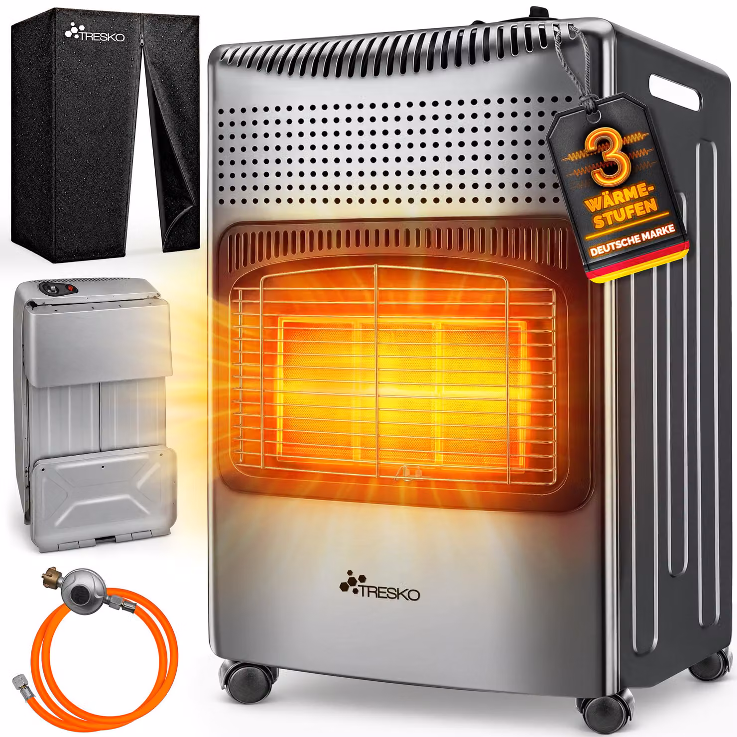 TRESKO® 4200 Watt riscaldatore a gas grigio incl. regolatore di pressione del gas tubo flessibile del gas + coperchio | stufa a gas riscaldatore a gas in Vetroceramica con 3 livelli | riscaldatore a gas a infrarossi riscaldatore radiante per bombole di ga