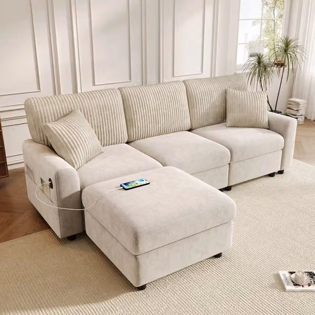 Divano angolare moderno 223 x 146 x 84 cm; poggiapiedi 2 cuscini porta USB e Type-C; soggiorno; ciniglia velluto a coste; beige