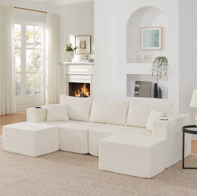 Divano angolare modulare 3 posti beige in velluto a coste; 2 pouf