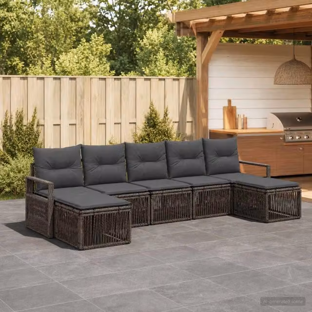 Set Divano da Giardino vidaXL a Forma a U in Polyrattan Grigio con 7 Pezzi e Cuscini – 1