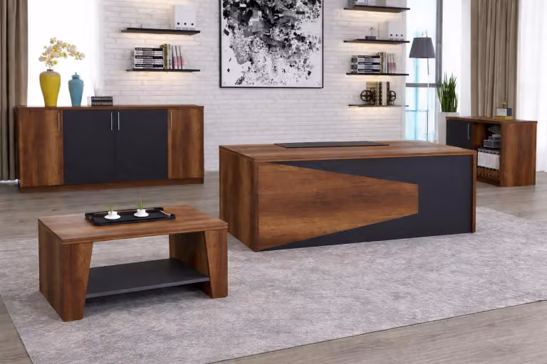 Elegante set da studio in stile moderno, marrone e nero con cornice in legno