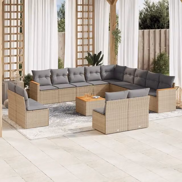 Set Divano da Giardino a Forma di U vidaXL in Polyrattan con Cuscini Beige e Grigio e Tavolino da Esterno – 1