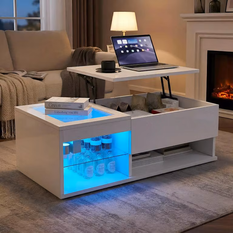 Tavolino UnboxG, bianco lucido, 100x55 cm, con piano ribaltabile, illuminazione LED, vano vetrina, ripiano aperto e spazio contenitivo, ideale per il soggiorno