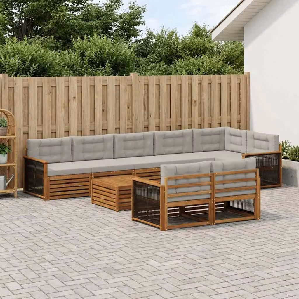 Set di divani da esterno a forma di U vidaXL in legno di acacia con cuscini, 9 pezzi, Beige e Grigio