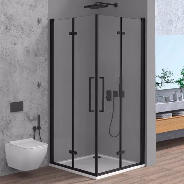 Box doccia angolare Neos con doppio soffietto in vetro temperato trasparente e profili nero opaco L: 100 cm, P: 70 cm, H: 195 cm