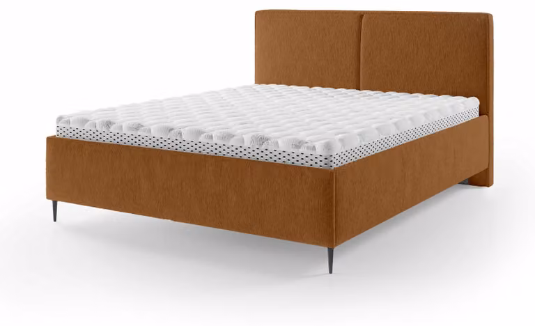 Letto imbottito con contenitore, modello Hatti, con finitura in noce tostata, dimensioni 160 x 200 cm