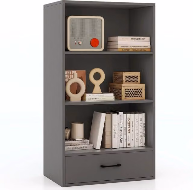 Per casa, libreria a 4 ripiani in legno con cassetto, grigia, 48 Inch, robusta e pratica