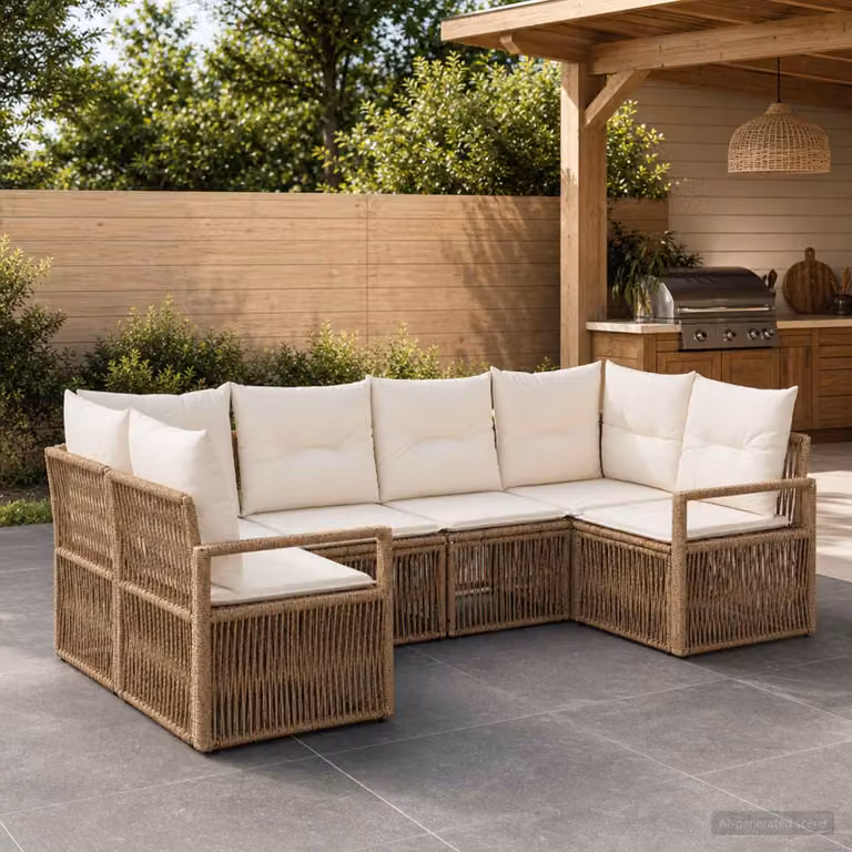 Set Divano da Giardino vidaXL a 6 posti in Polyrattan Beige con Cuscini e Struttura in Acciaio
