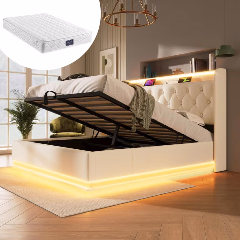 Letto imbottito matrimoniale, LDE 160 x 200 cm, materialePoliuretanobianco Letto contenitore idraulico, testata con USB Type-C Con materasso