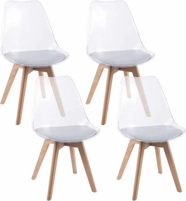 Set di 4 Sedie da Cucina e Sala da Pranzo Costway Moderne, Sedute Trasparenti Bianche con Gambe in Legno di Faggio e Imbottitura, Portata 150 kg
