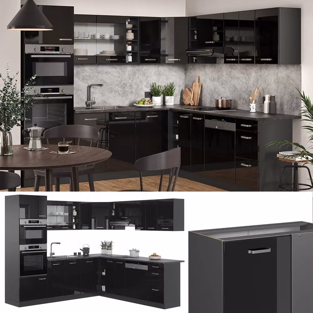 Cucina angolare moderna Vicco R-Line in nero lucido e antracite con ante in vetro e illuminazione integrata L/P/H: 247 x 237 x 60 cm – 2