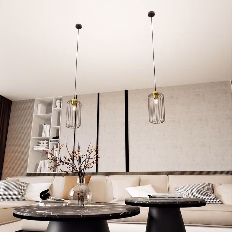 Lampada a sospensione industriale ovale con paralume in filo metallico nero e oro, regolabile, VANDER 1xE27 15W Emibig