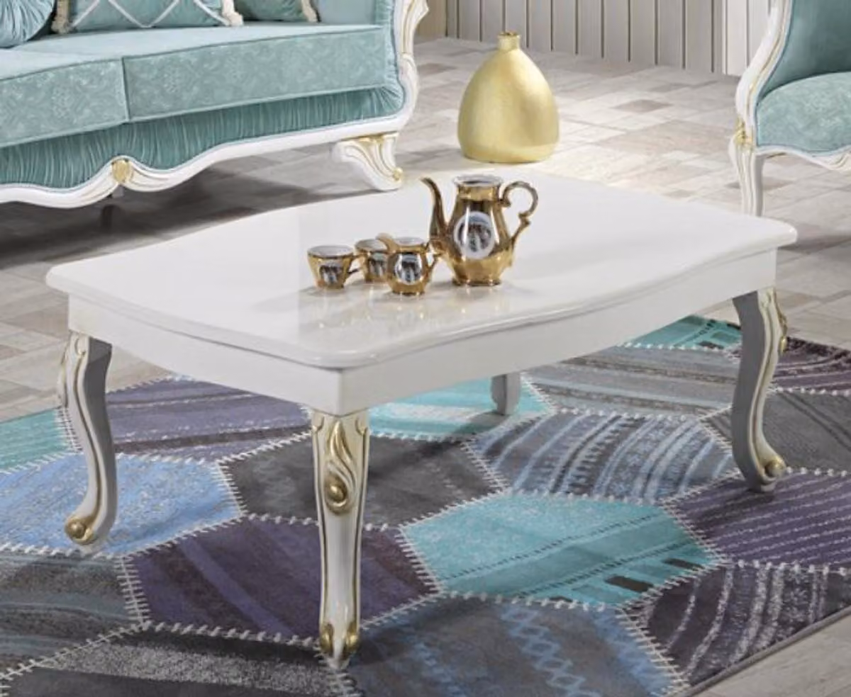 Casa Padrino Tavolino barocco bianco/oro 105 x 74 x h. 46 cm - Tavolo rettangolare da salotto in stile barocco - Mobili barocchi