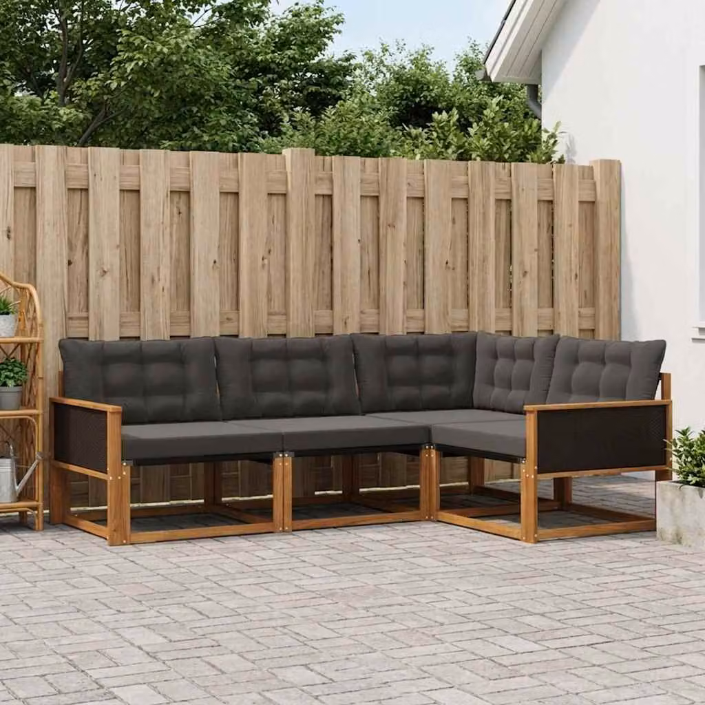 Set di divani da esterno a L vidaXL in legno di acacia e textilene, 4 pezzi, Marrone e Nero