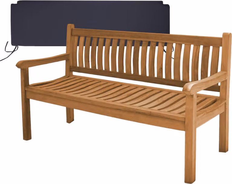 Panca in teak massello, modello Arezzo, 150 cm, resistente alle intemperie, con cuscino seduta nero