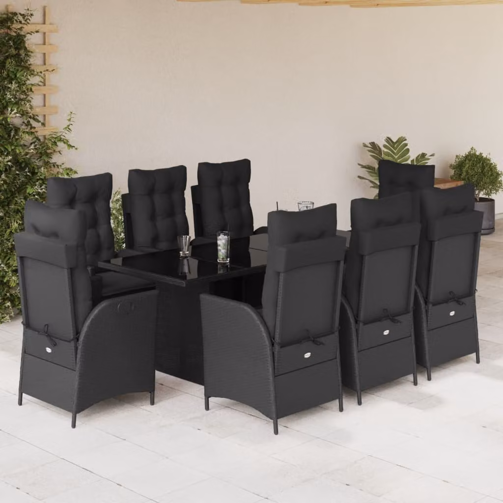 Set da pranzo da giardino vidaXL in polyrattan nero con cuscini e piano in vetro per 9 persone – 1