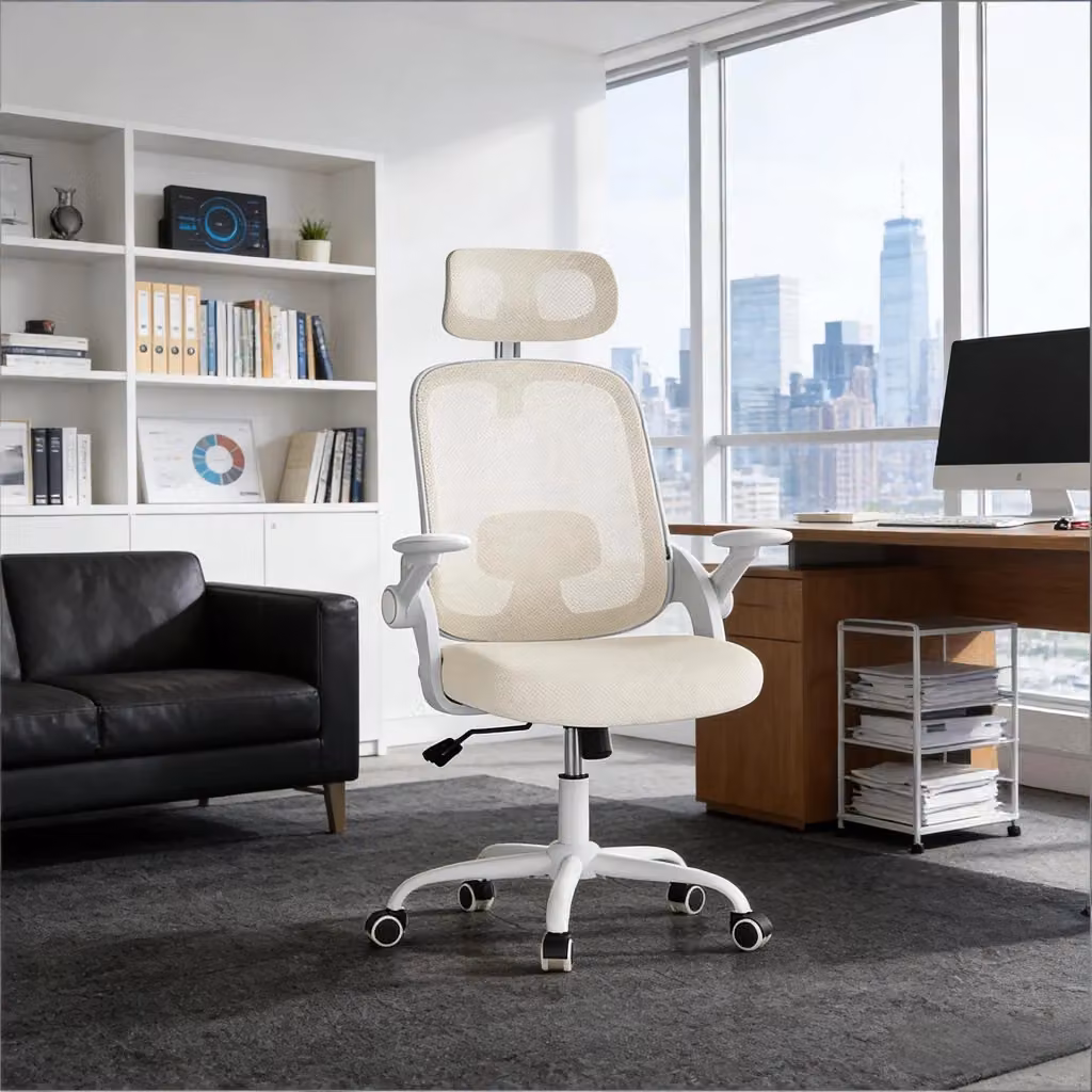 Sedia da ufficio ergonomica REDOM beige con schienale alto in rete, poggiatesta e braccioli 3D – 2