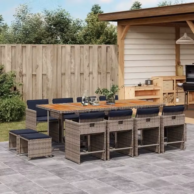 Set da pranzo da giardino vidaXL in polyrattan e legno di acacia da 13 pezzi con cuscini, colore grigio, marrone o blu