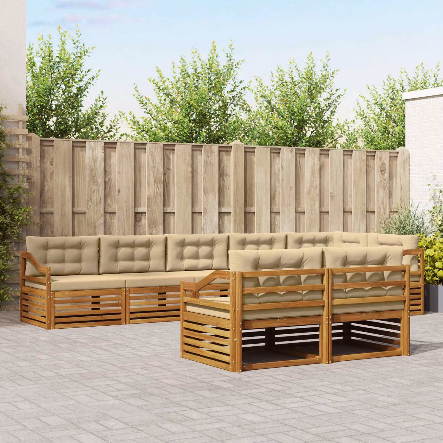 Set di divani da esterno a L vidaXL in legno di acacia con cuscini beige e marrone