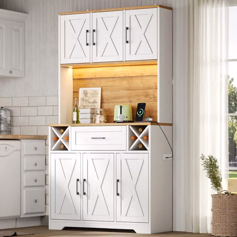 Armadio da cucina Flieks con illuminazione a LED, mobile contenitore alto con scaffali per vino, mobile alto 105x40x180 cm per soggiorno e sala da pranzo, bianco